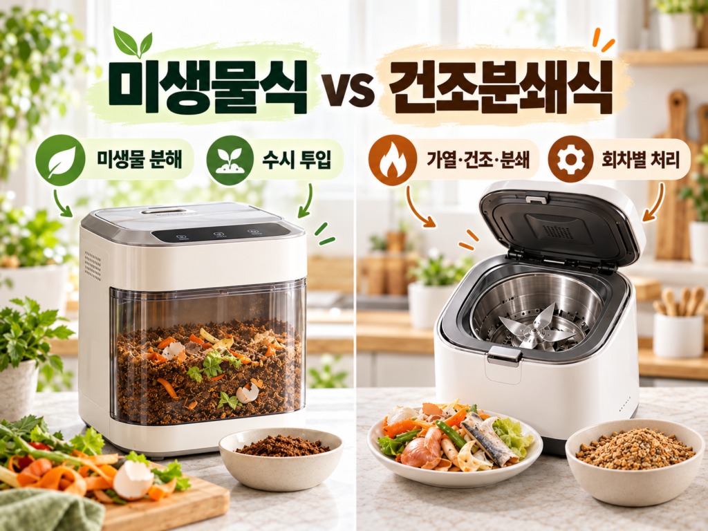 미생물 분해와 수시 투입 방식, 건조분쇄식의 가열 건조 및 블레이드 분쇄 구조 비교