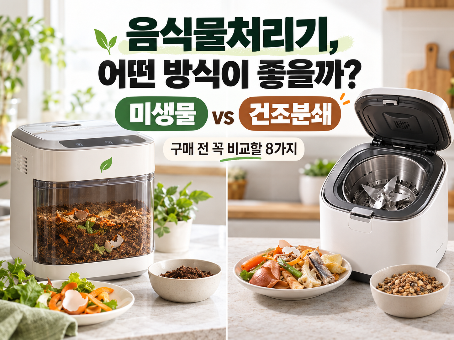미생물식과 건조분쇄식 음식물처리기의 작동 구조를 비교한 대표이미지