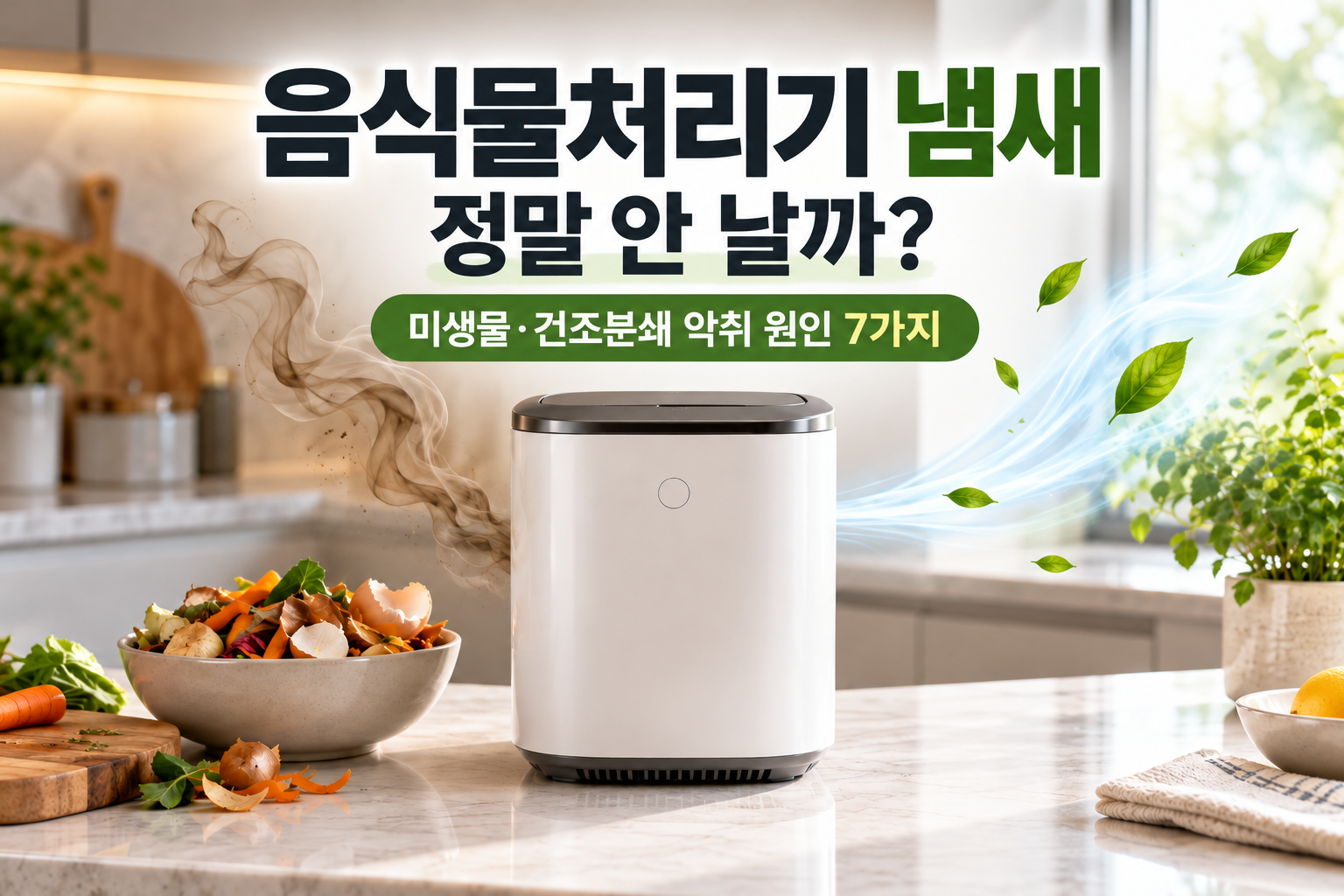 음식물처리기 냄새 문제와 탈취 효과를 보여주는 대표이미지