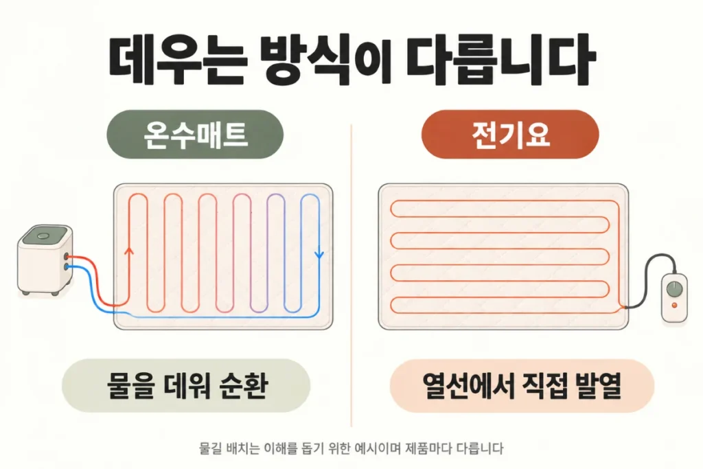 보일러에서 데운 물이 매트 속 물길을 순환하는 온수매트와, 매트 속 열선이 직접 발열하는 전기요의 구조 비교