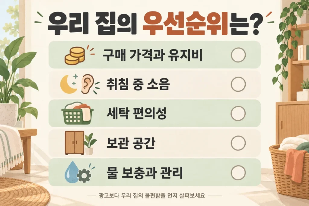 온수매트와 전기요 선택 전 확인할 우선순위: 구매 가격과 유지비, 취침 중 소음, 세탁 편의성, 보관 공간, 물 보충과 관리