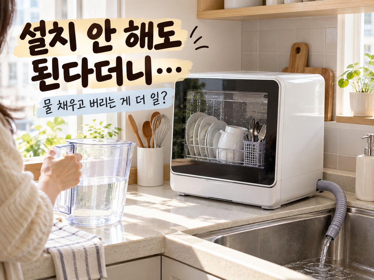 물통과 배수호스가 있는 무설치 식기세척기와 설치 편의성을 강조한 제목 문구