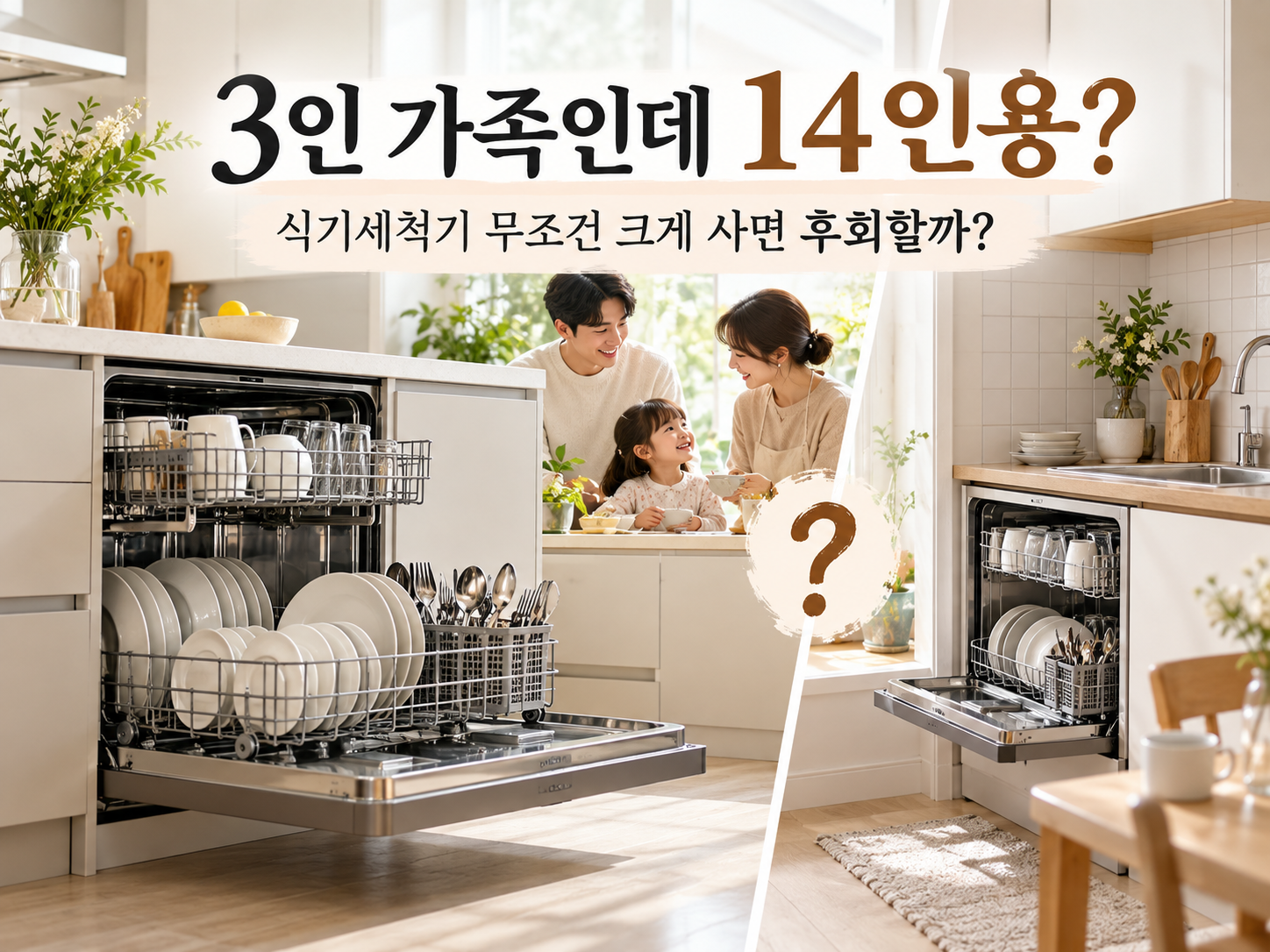 3인 가족과 크기가 다른 식기세척기를 배경으로 14인용 구매를 고민하는 대표이미지