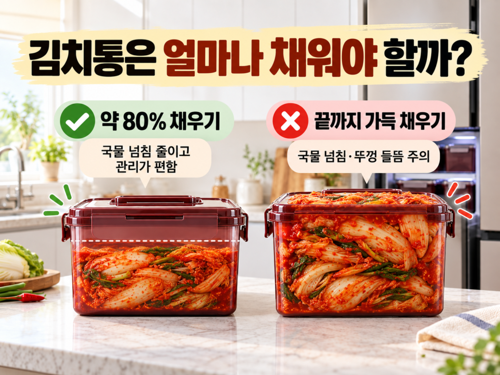 김치통을 약 80% 채운 경우와 끝까지 가득 채운 경우를 비교한 이미지