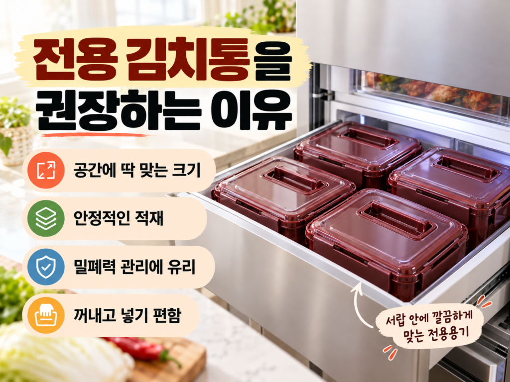 김치냉장고 서랍에 전용 김치통이 공간에 맞게 정리된 모습