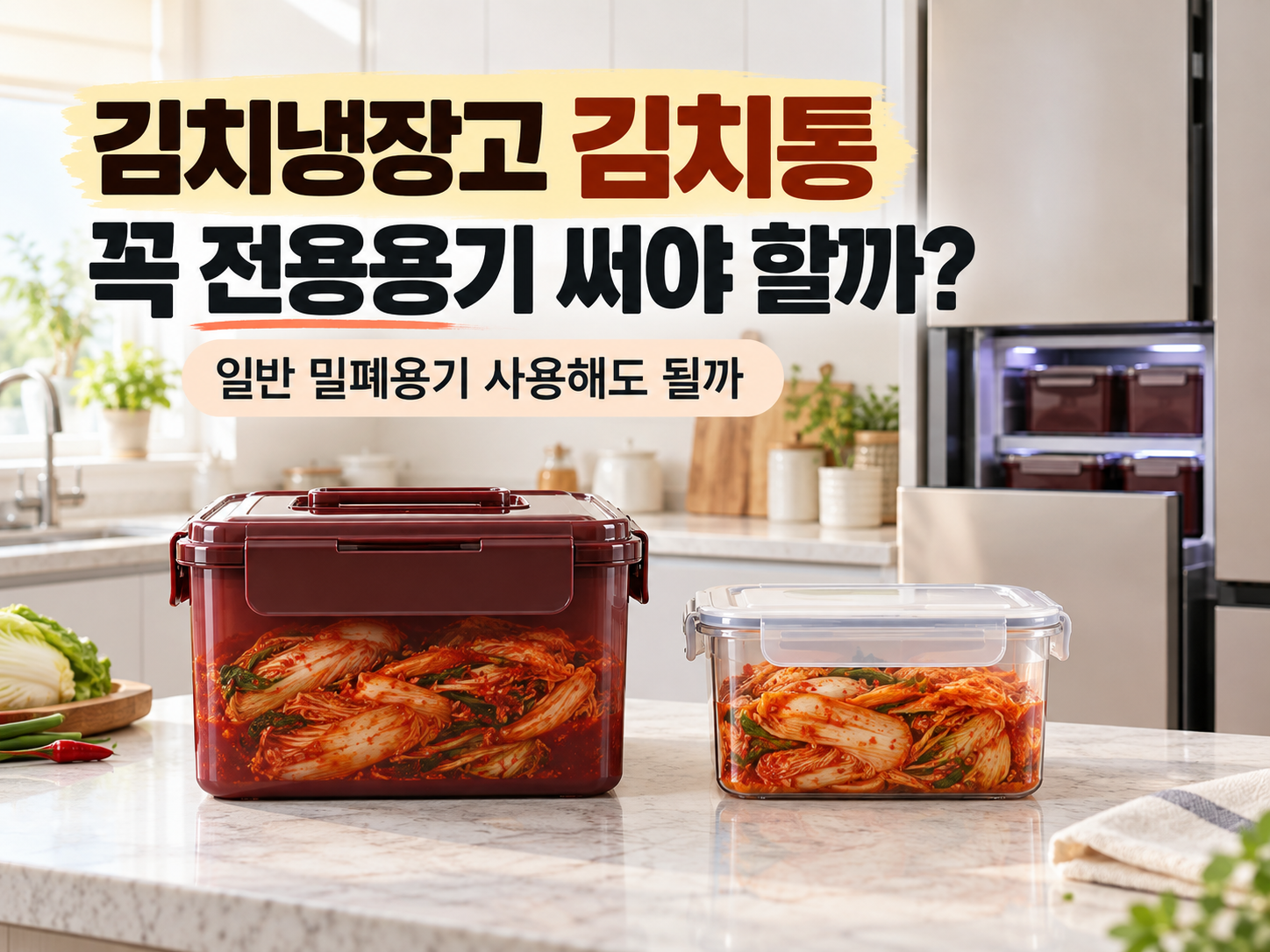 김치냉장고 전용 김치통과 일반 밀폐용기를 비교한 이미지