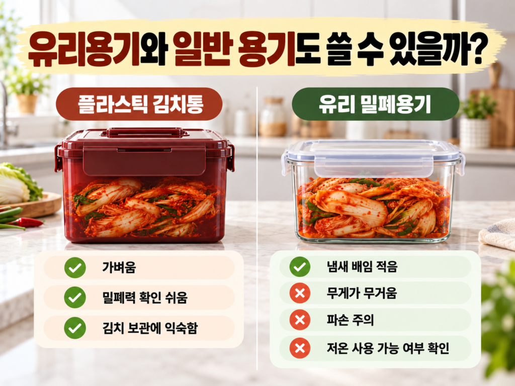김치 보관용 플라스틱 김치통과 유리 밀폐용기의 장단점을 비교한 이미지
