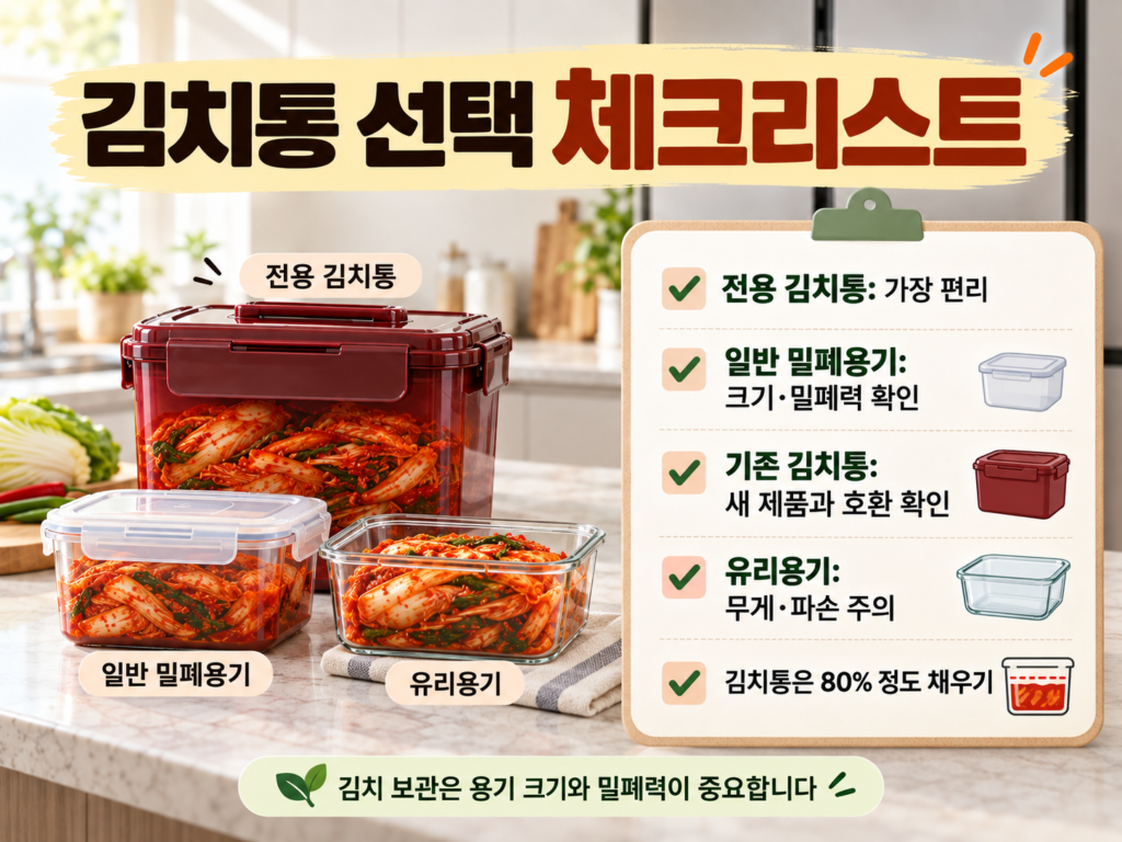 전용 김치통, 일반 밀폐용기, 기존 김치통, 유리용기의 사용 조건을 정리한 이미지