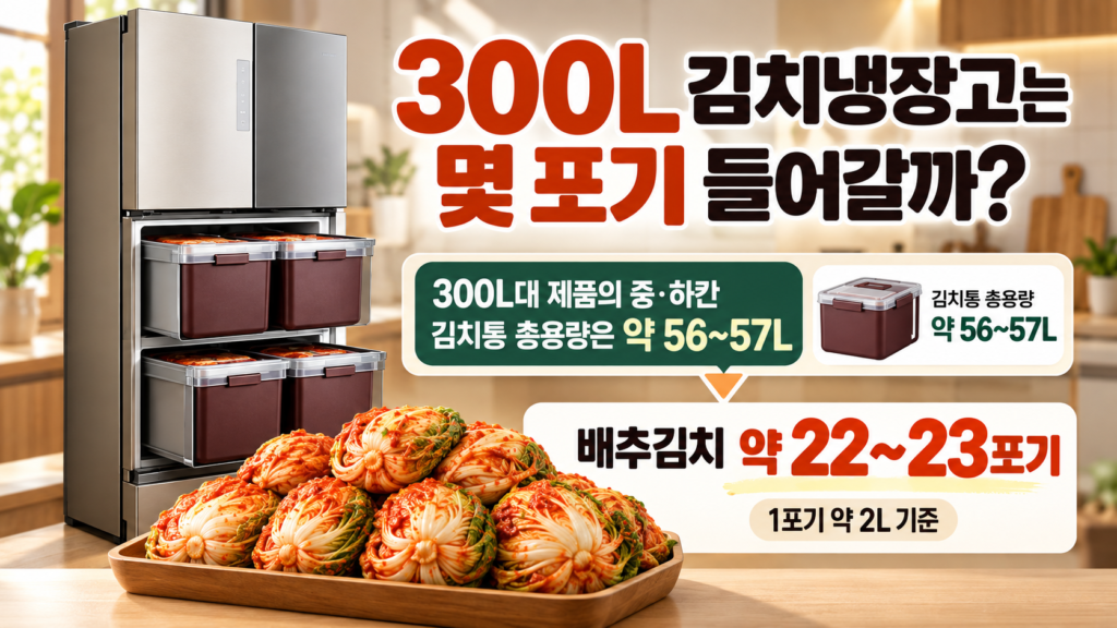 300L 김치냉장고의 김치통 총용량과 약 22~23포기 배추김치 보관량을 설명한 이미지