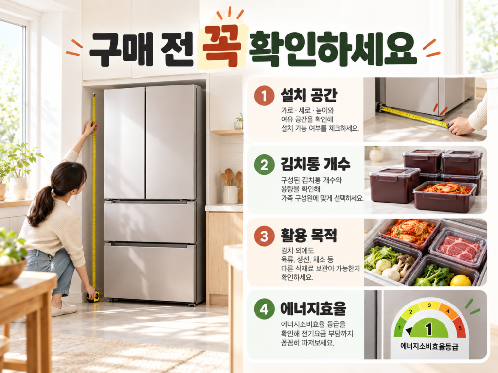 김치냉장고 구매 전 설치 공간, 김치통 개수, 활용 목적, 에너지효율을 확인하는 모습