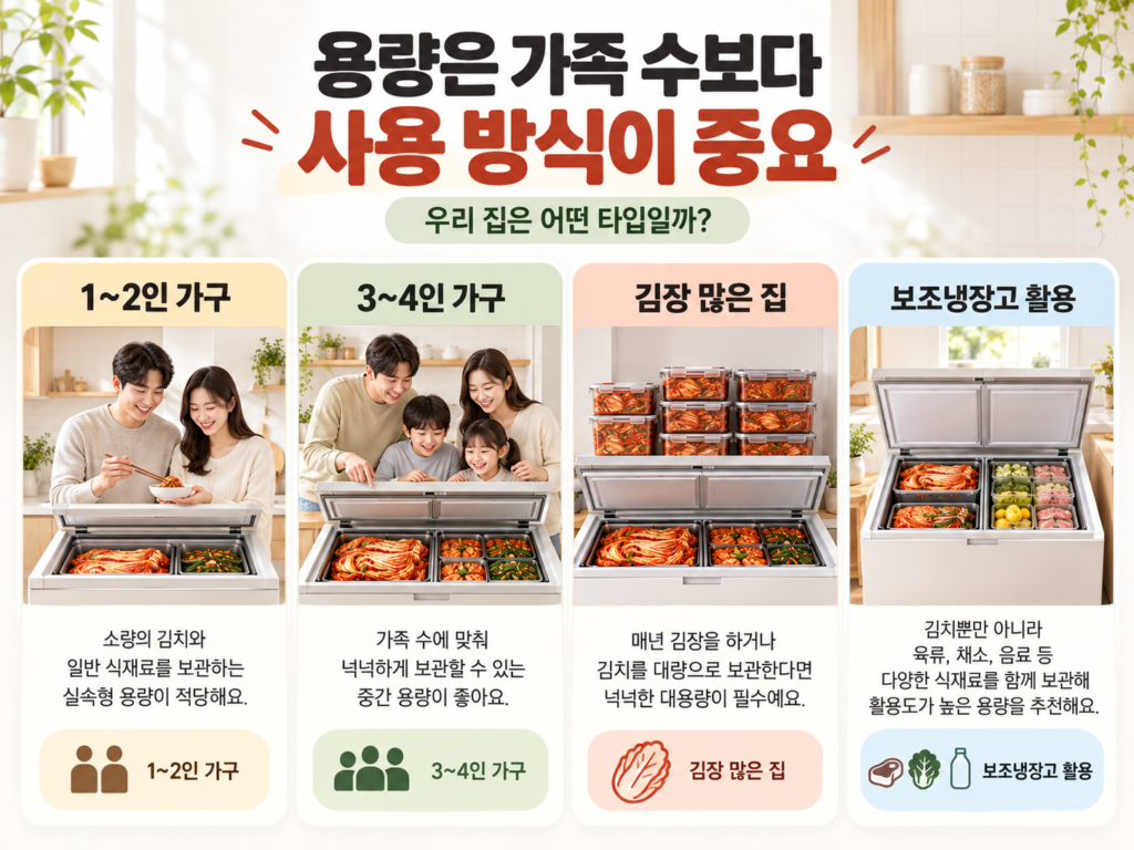 1~2인 가구, 3~4인 가구, 김장 많은 집, 보조냉장고 활용에 따른 김치냉장고 선택 기준