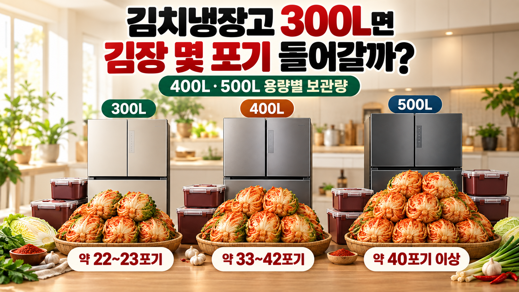 300L 400L 500L 김치냉장고에 들어가는 김장김치 포기 수를 비교한 이미지
