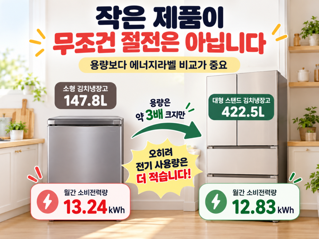 소형 김치냉장고와 대형 김치냉장고의 용량 및 월간소비전력량 비교 이미지
