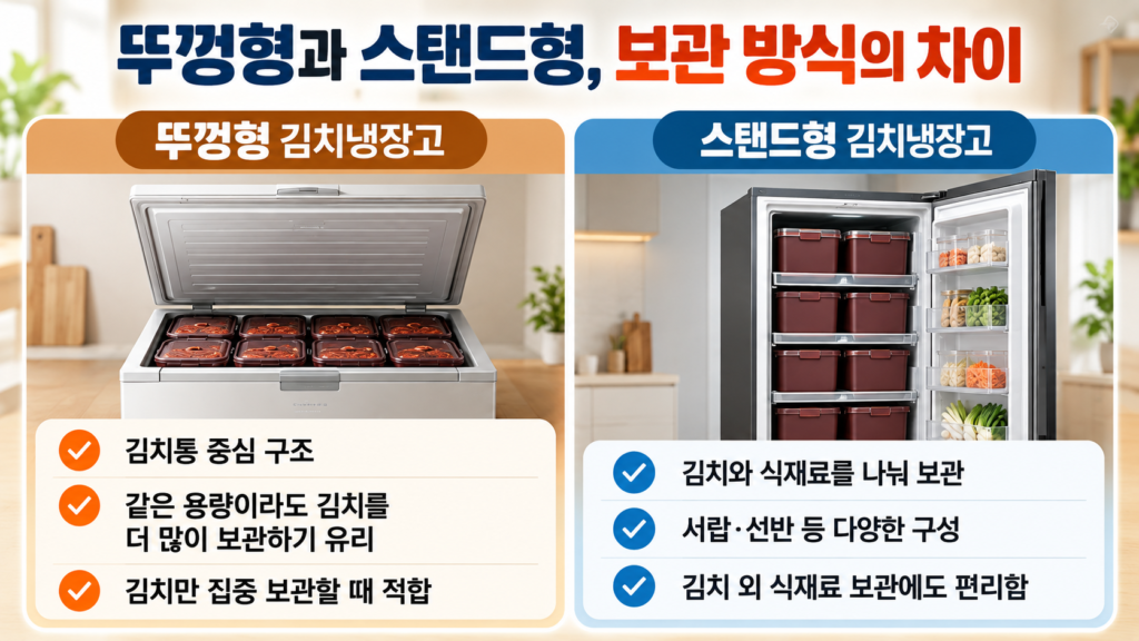 뚜껑형과 스탠드형 김치냉장고의 김치 보관 구조와 식재료 활용 차이