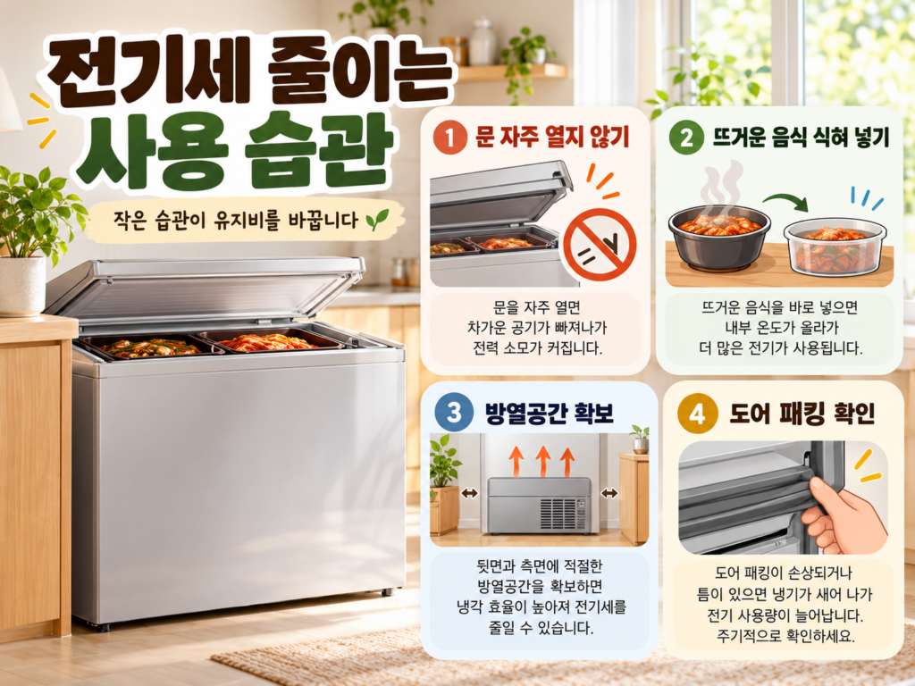 김치냉장고 문 열림, 뜨거운 음식, 방열공간, 도어 패킹을 점검하는 전기 절약 방법