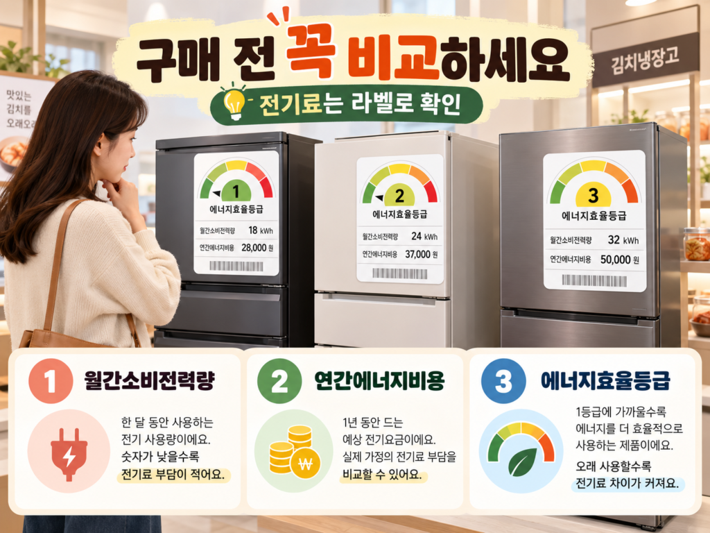 김치냉장고 구매 전 월간소비전력량, 연간에너지비용, 에너지효율등급을 비교하는 모습