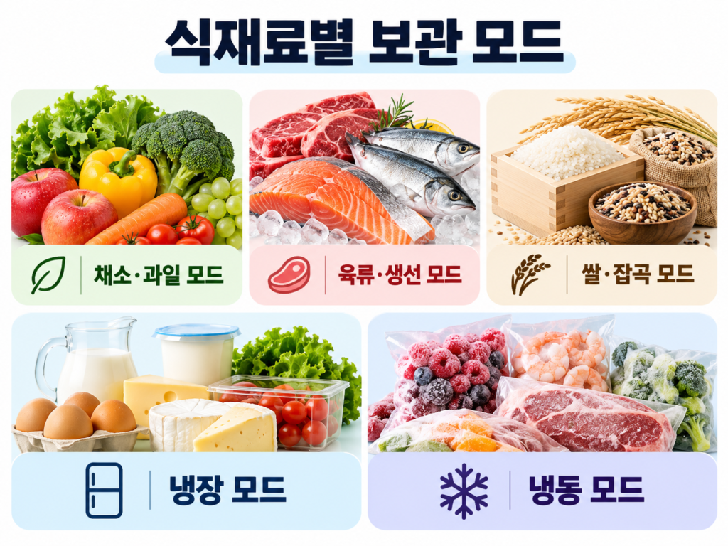 채소 과일 육류 생선 쌀 잡곡 냉장식품 냉동식품의 김치냉장고 보관모드 이미지