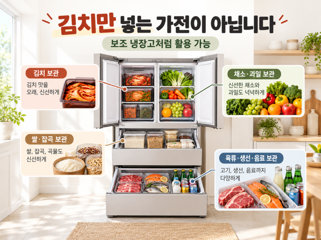 김치와 채소, 과일, 쌀, 육류 등을 칸별로 보관하는 스탠드형 김치냉장고