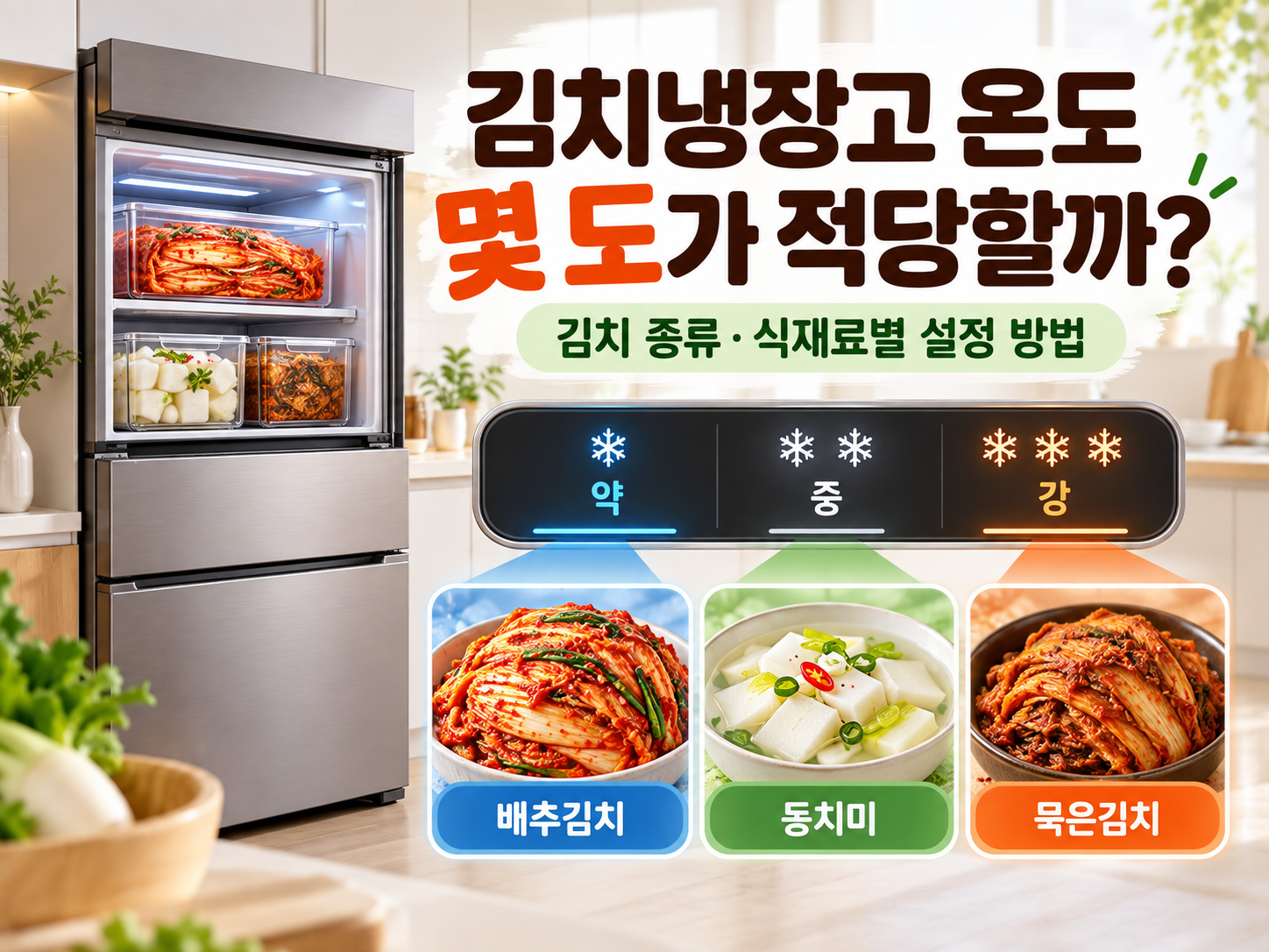 김치냉장고 온도와 김치 종류별 강 중 약 설정 방법을 보여주는 이미지
