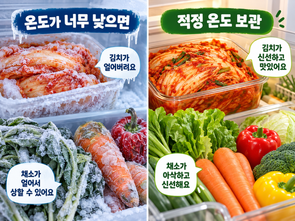 온도가 너무 낮아 얼어버린 김치와 채소를 적정 온도로 보관한 상태와 비교한 이미지