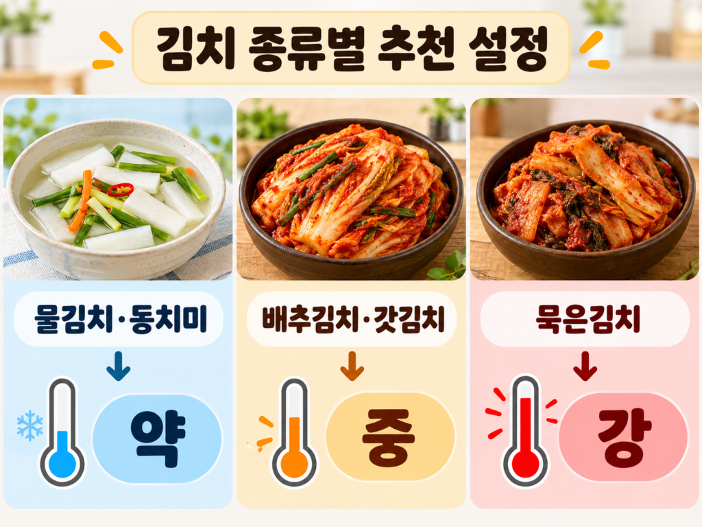 물김치 동치미 배추김치 갓김치 묵은김치의 김치냉장고 온도 설정 비교 이미지