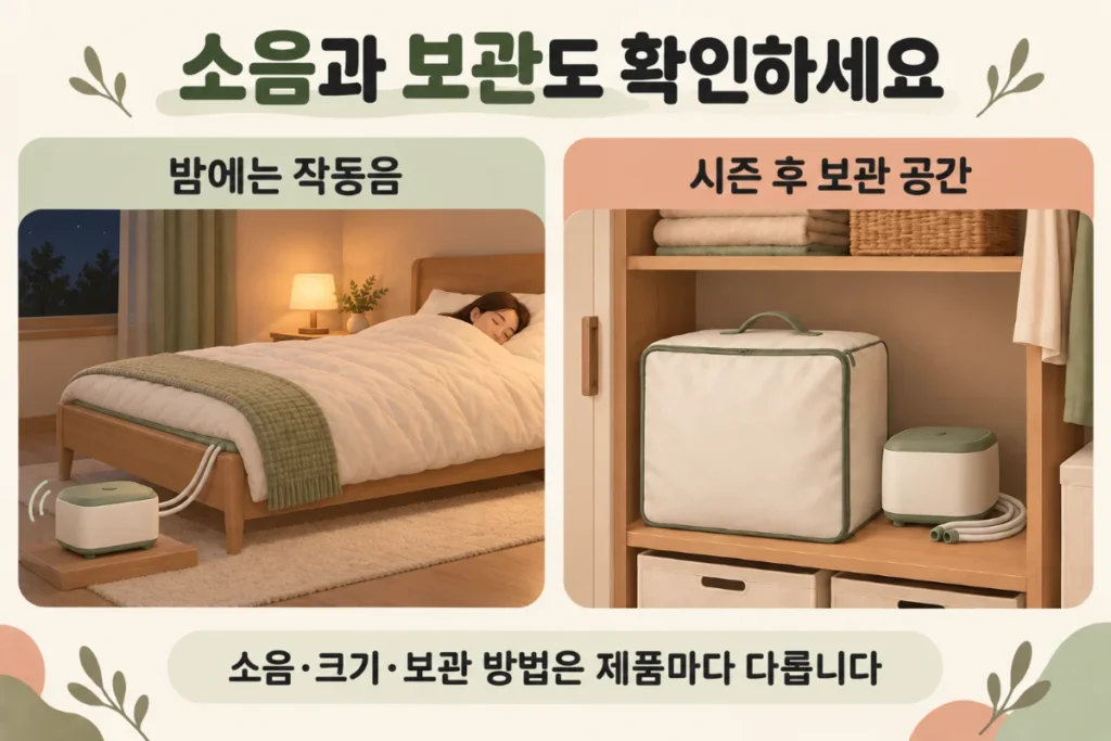 밤에 침대 발치 쪽에 둔 온수매트 보일러와, 시즌 후 수납장에 보관한 매트 가방과 보일러