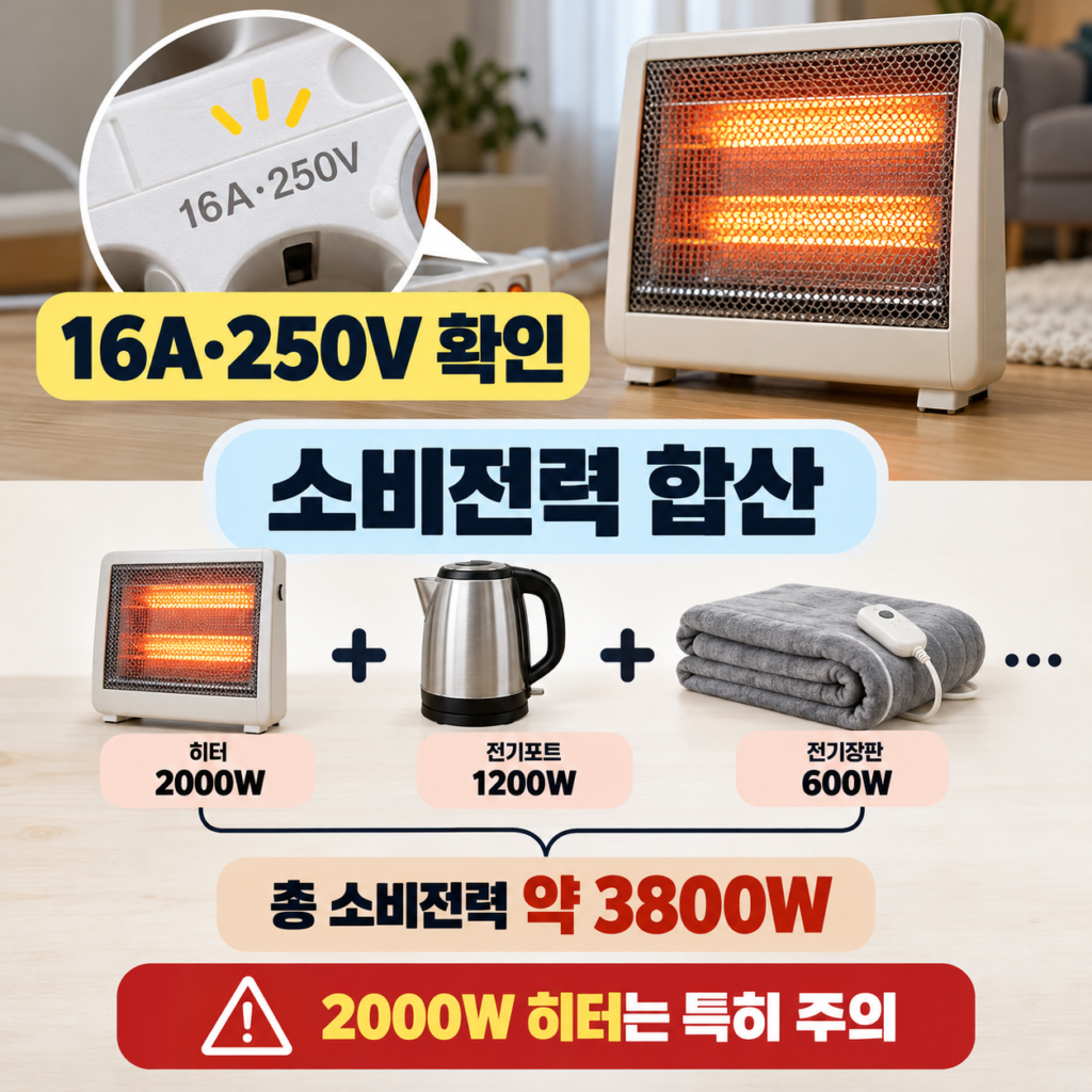 멀티탭에 표시된 16A 250V 정격과 전기히터 전기포트 전기장판의 소비전력을 합산해 확인하는 안내 이미지