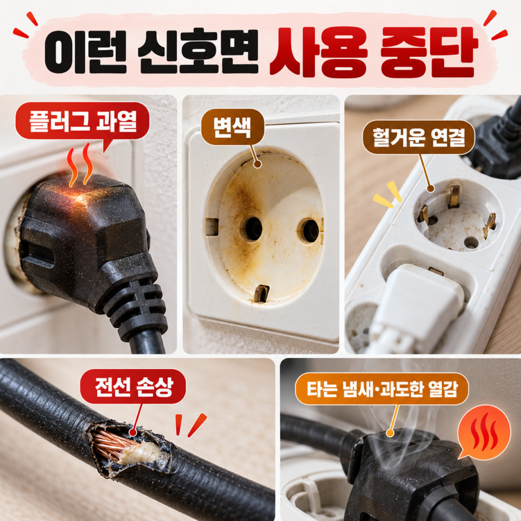 플러그 과열 콘센트 변색 헐거운 연결 전선 피복 손상 타는 냄새 등 전기화재 위험 징후를 보여주는 이미지