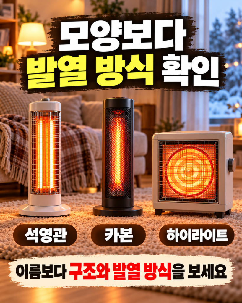 석영관 히터와 카본히터, 하이라이트 히터의 발열체 외형을 나란히 비교한 이미지