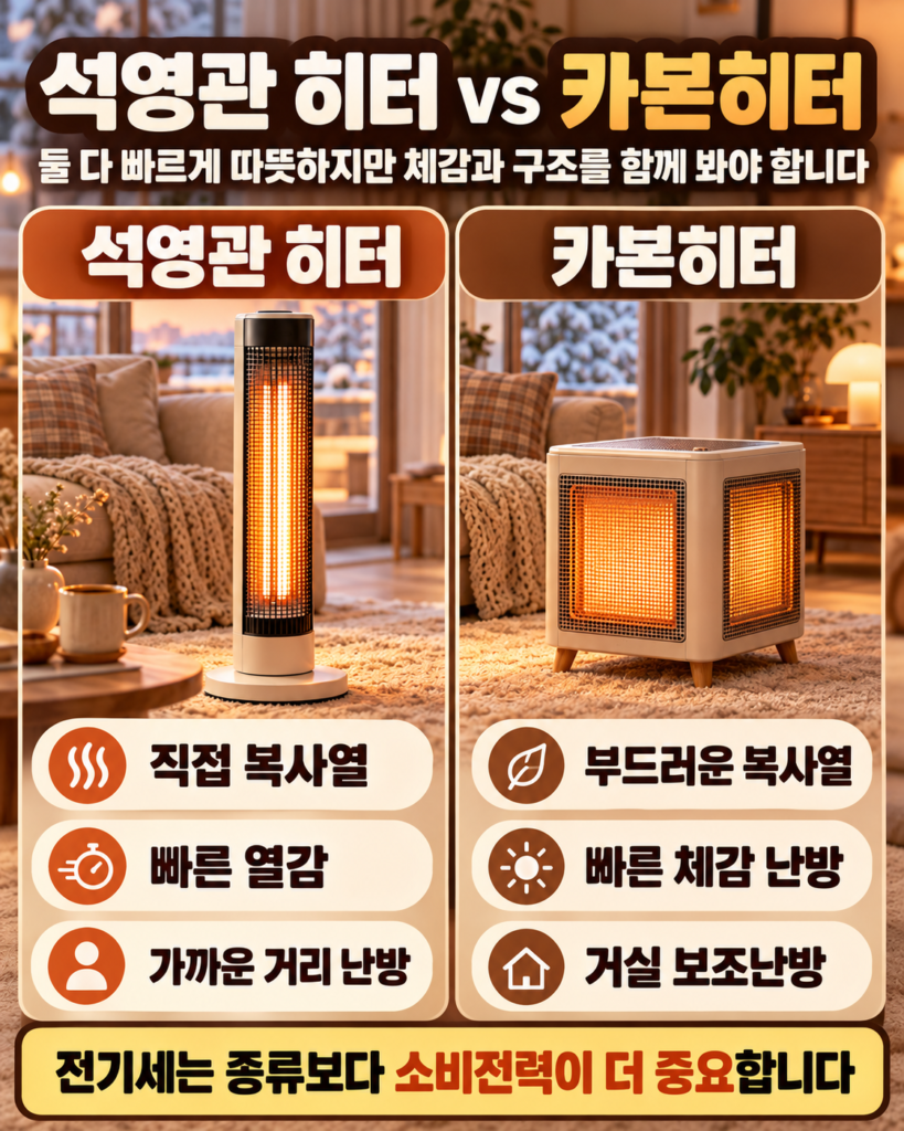석영관 히터와 카본히터의 발열체 외형, 직접 복사열과 체감 난방 특징을 비교한 이미지