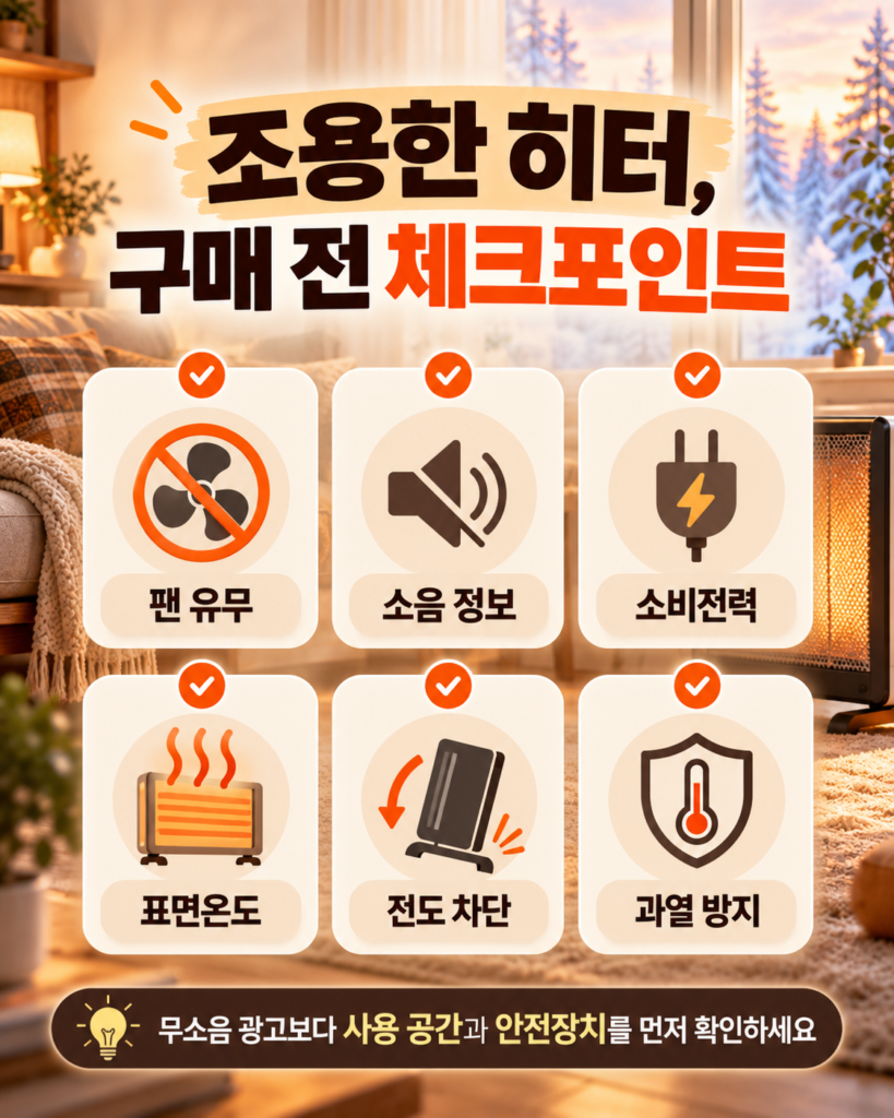 조용한 전기히터를 구매하기 전 팬 유무 소음 정보 소비전력 표면온도 전도 차단 과열 방지 기능을 확인하는 체크리스트