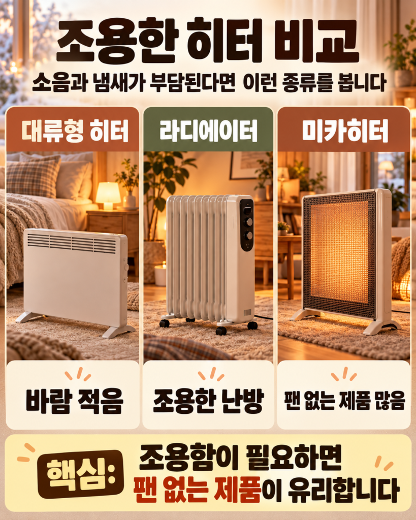 팬 소음이 적은 대류형 히터와 전기 라디에이터, 미카히터의 외형과 주요 특징 비교