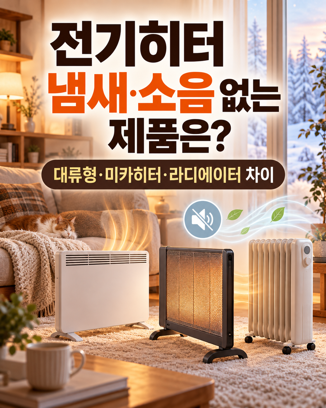 겨울 거실에 놓인 대류형 히터 미카히터 오일 라디에이터와 전기히터 냄새 및 소음 비교 안내 이미지