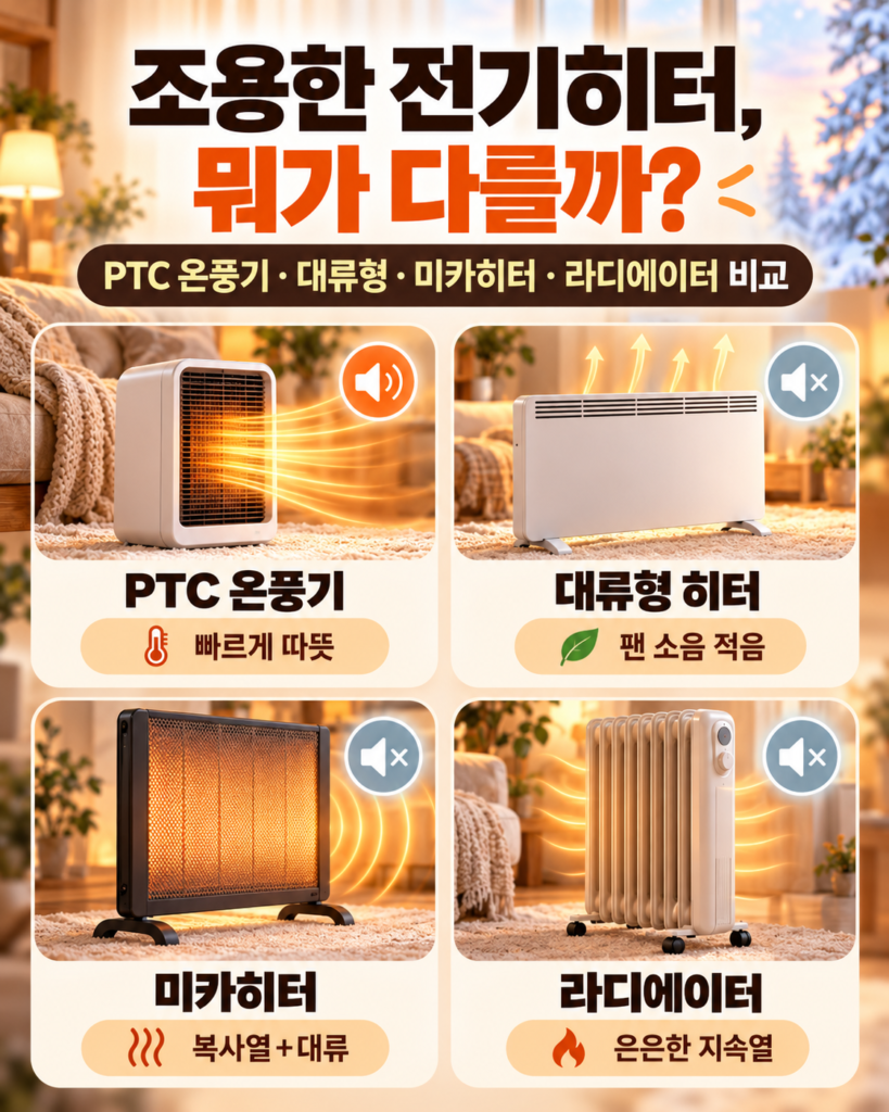 PTC 온풍기 대류형 히터 미카히터 오일 라디에이터 네 종류의 외형과 팬 유무에 따른 소음 차이를 비교한 이미지
