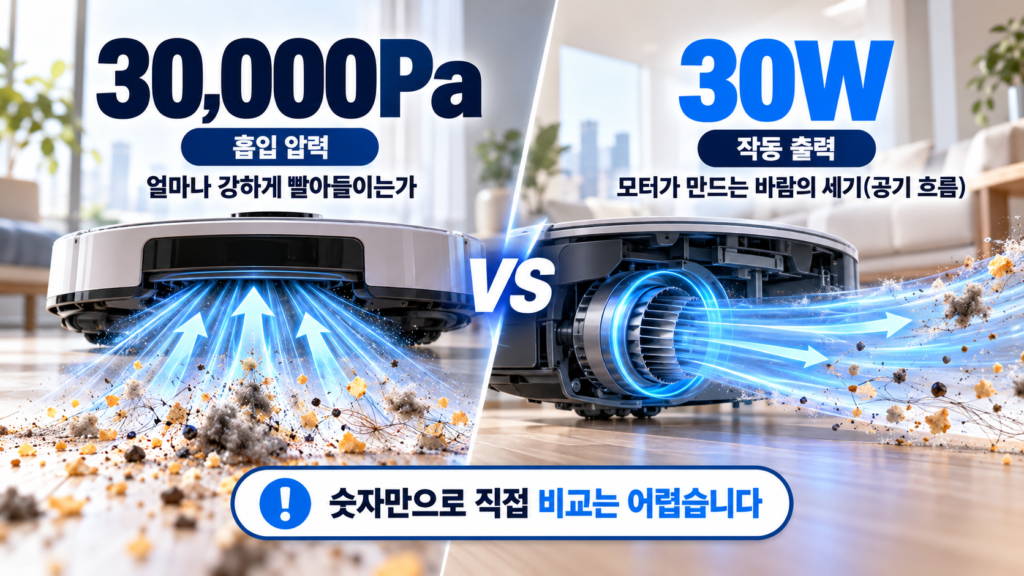 로봇청소기 30000Pa 흡입 압력과 30W 흡입 성능을 비교한 이미지