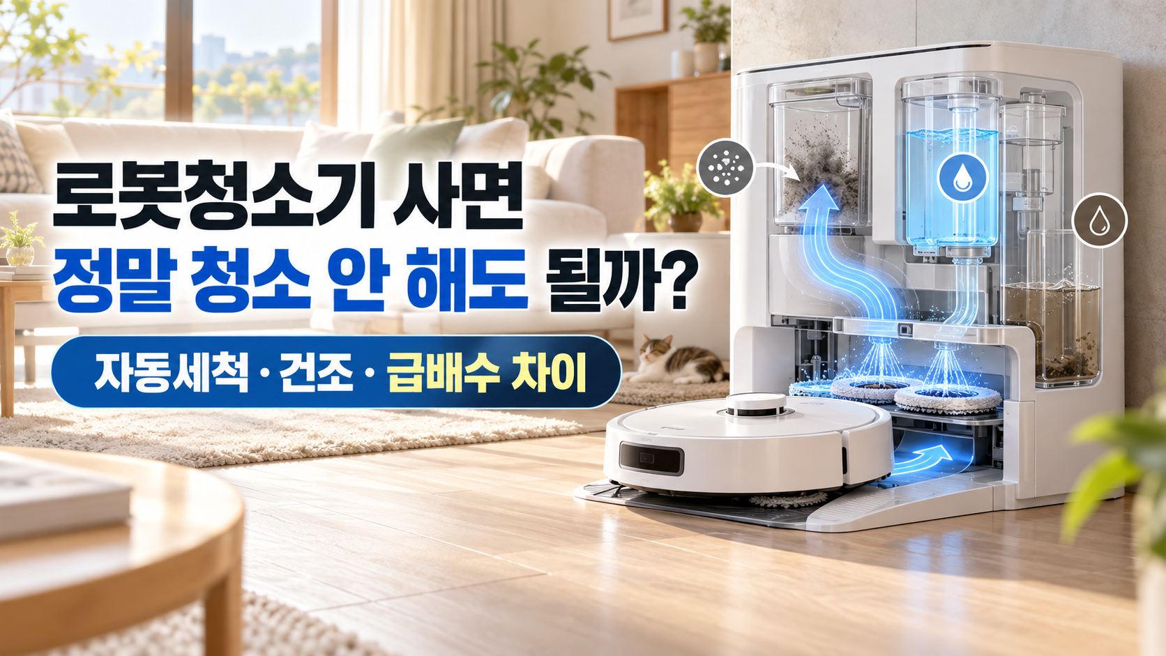 자동세척 건조 급배수 기능을 갖춘 로봇청소기와 올인원 스테이션 이미지