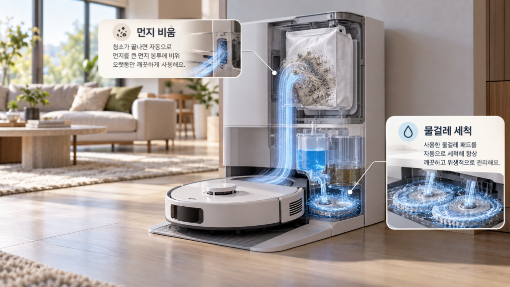 스테이션에서 먼지를 자동으로 비우고 물걸레를 세척하는 로봇청소기 모습 로봇청소기 자동세척