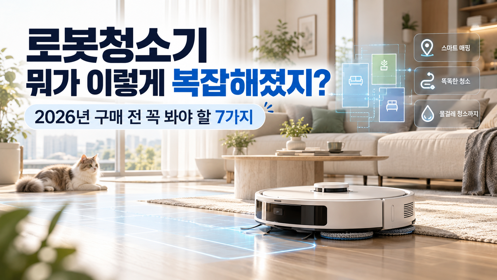 거실에서 작동 중인 로봇청소기와 함께 2026년 로봇청소기 구매 전 체크할 기능을 소개하는 이미지