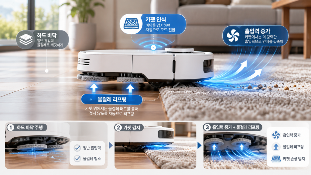 카펫을 감지해 흡입력을 높이고 물걸레 패드를 들어 올리는 로봇청소기 이미지