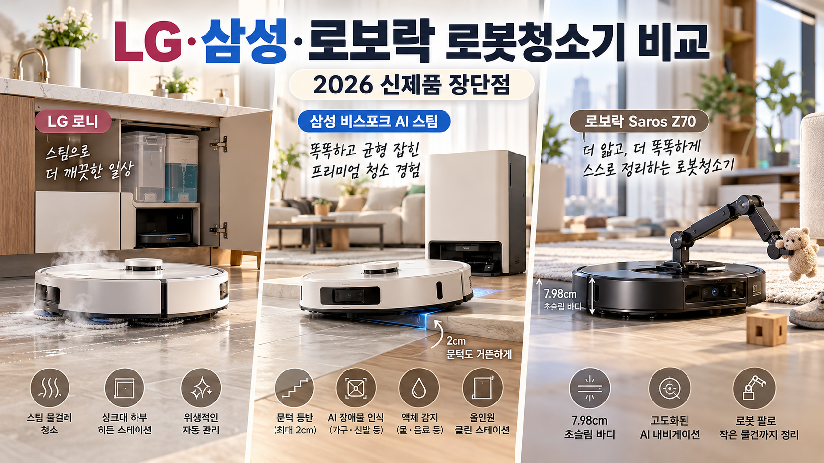 LG 로니 삼성 비스포크 AI 스팀 로보락 Saros Z70을 비교한 로봇청소기 이미지