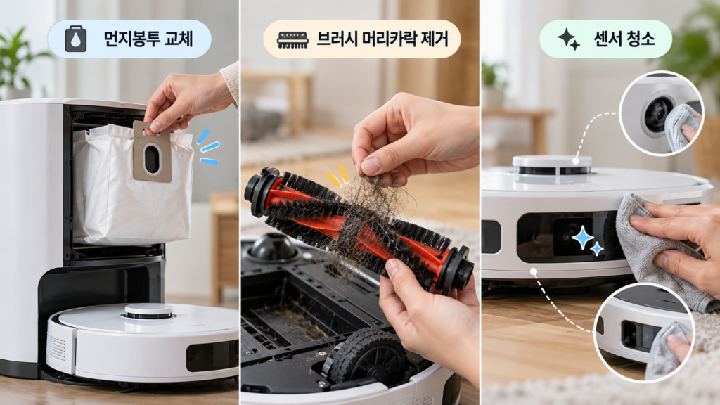 먼지봉투 교체 브러시 머리카락 제거 센서 청소 등 로봇청소기 관리 항목