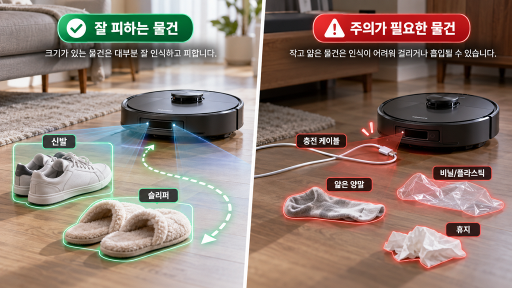 신발과 슬리퍼는 피하지만 충전선 양말 비닐 같은 작은 물건은 주의가 필요한 로봇청소기 이미지