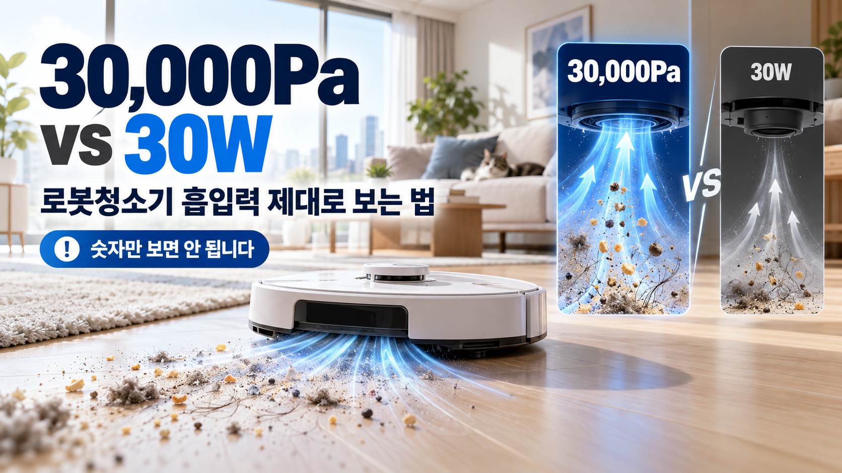 30000Pa와 30W 로봇청소기 흡입력 차이를 비교하는 이미지