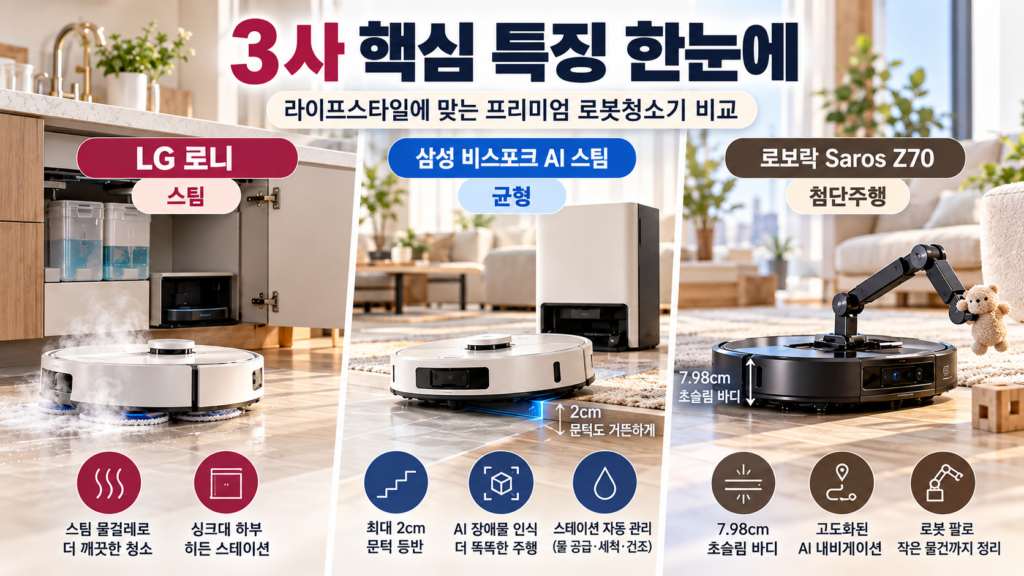 LG 로니 삼성 비스포크 AI 스팀 로보락 Saros Z70의 핵심 기능을 한눈에 비교한 이미지