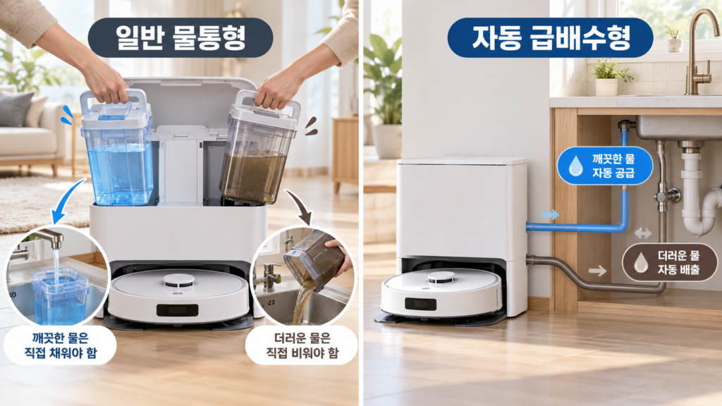 물통을 직접 채우고 비우는 일반 스테이션과 수도 배수관에 연결된 자동 급배수 스테이션 비교 이미지 로봇청소기 자동세척