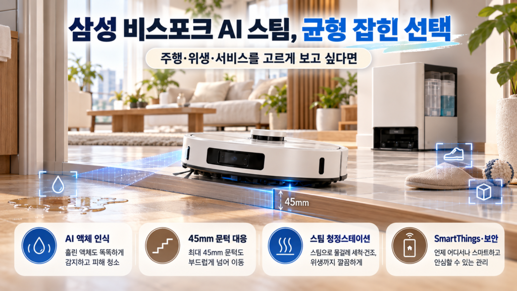 문턱을 넘고 액체와 장애물을 인식하는 삼성 비스포크 AI 스팀 로봇청소기 이미지