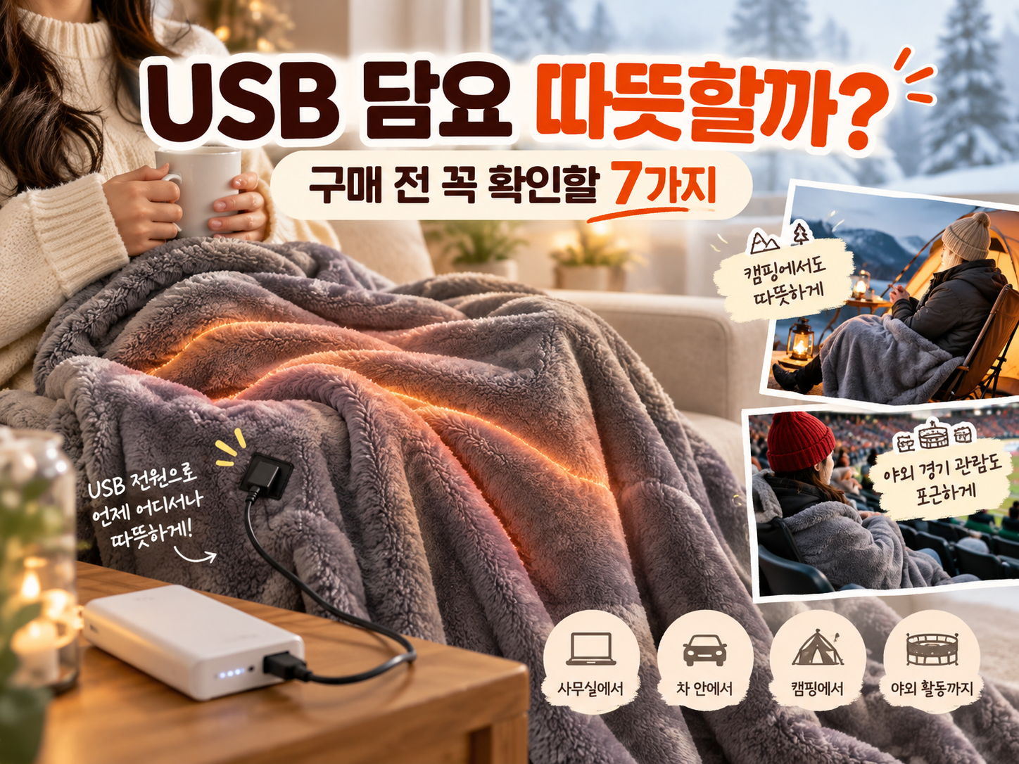 USB 담요와 보조배터리를 연결해 사용하는 모습과 캠핑·야외경기 활용 예시