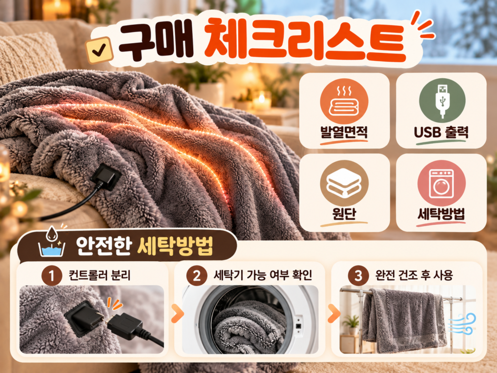 USB 담요 구매 전 발열면적과 USB 출력, 원단, 세탁방법을 확인하는 체크리스트