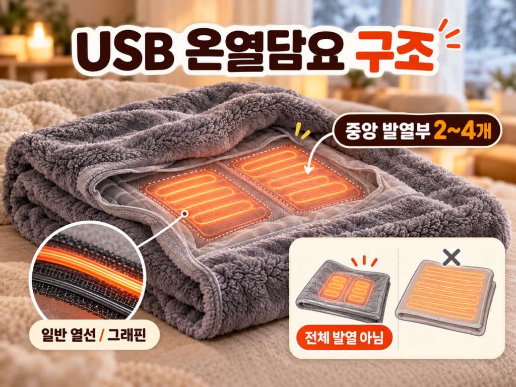 USB온열담요 중앙에 2개에서 4개 정도의 발열부가 배치된 구조