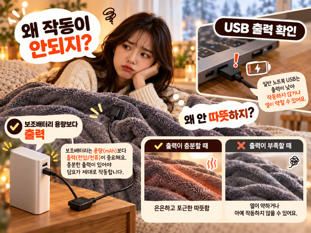 보조배터리와 노트북 USB 출력 부족으로 USB 담요가 작동하지 않거나 덜 따뜻할 수 있는 모습